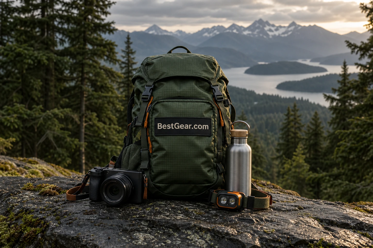 Outdoor equipment with BestGear.com branding on a canvas pack
